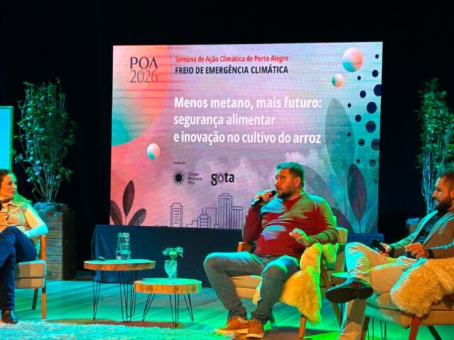 Painelista Edivane Portela (MST) durante fala em painel "Menos metano, mais futuro: segurança alimentar e inovação no cultivo de arroz"