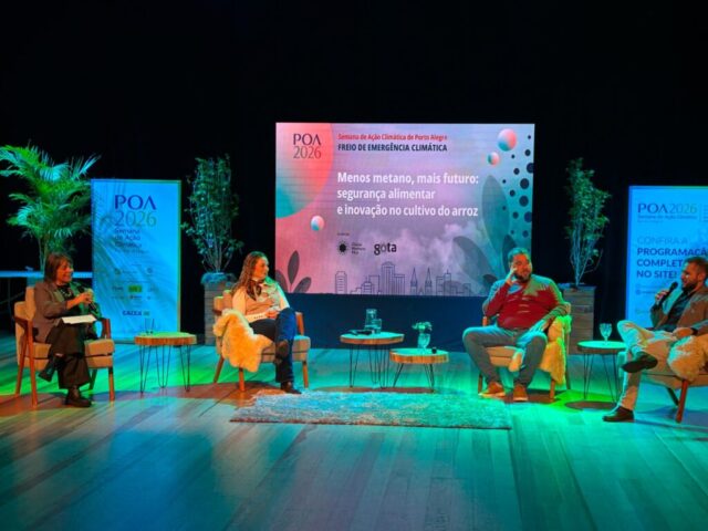 Painel "Menos metano, mais futuro: segurança alimentar e inovação no cultivo de arroz" durante a Semana de Ação Climática de Porto Alegre