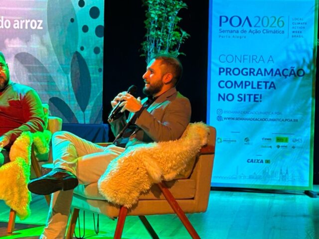 Painelista Gabriel Quintana (Imaflora) durante fala em painel "Menos metano, mais futuro: segurança alimentar e inovação no cultivo de arroz"